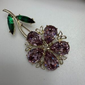 Vintage Dodds Floral Brooch with Purple Teardrop Crystals and Green Leaves